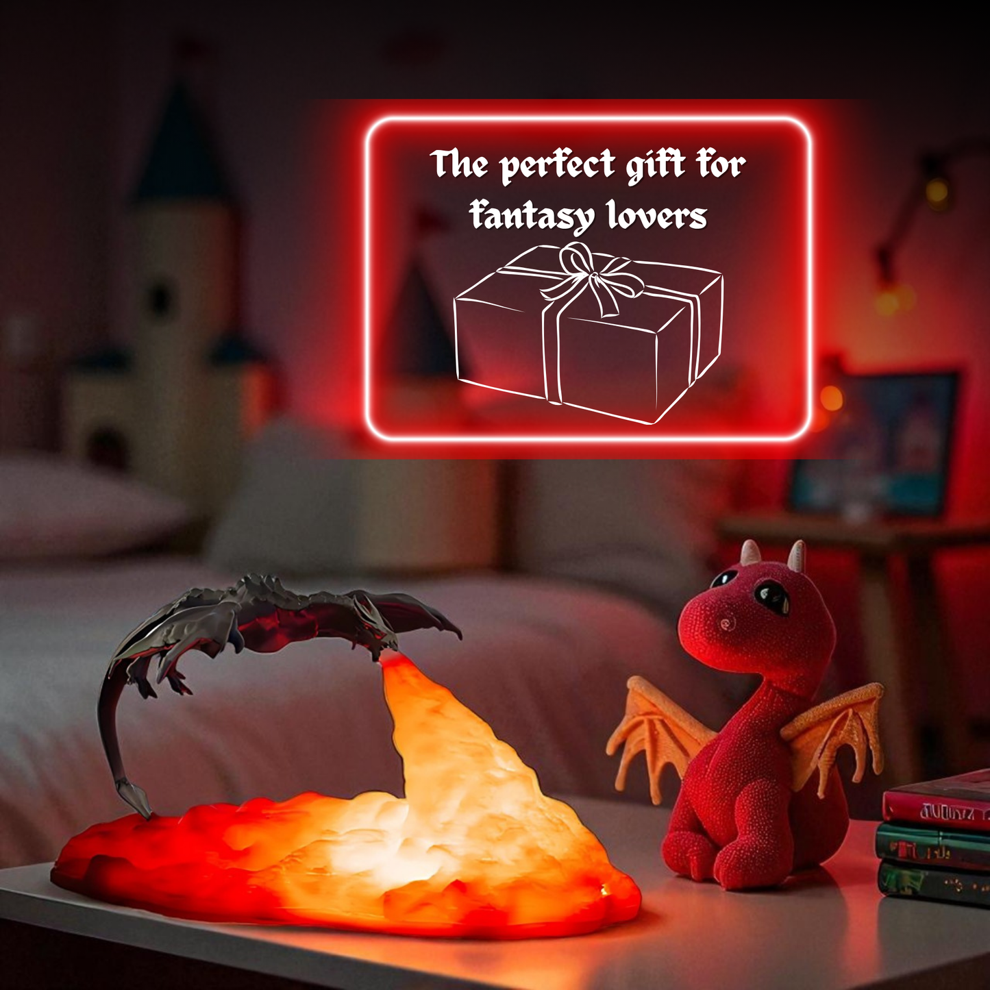 3D Fire Dragon Lamp, Rechargeable Night Light, Warm Red Color