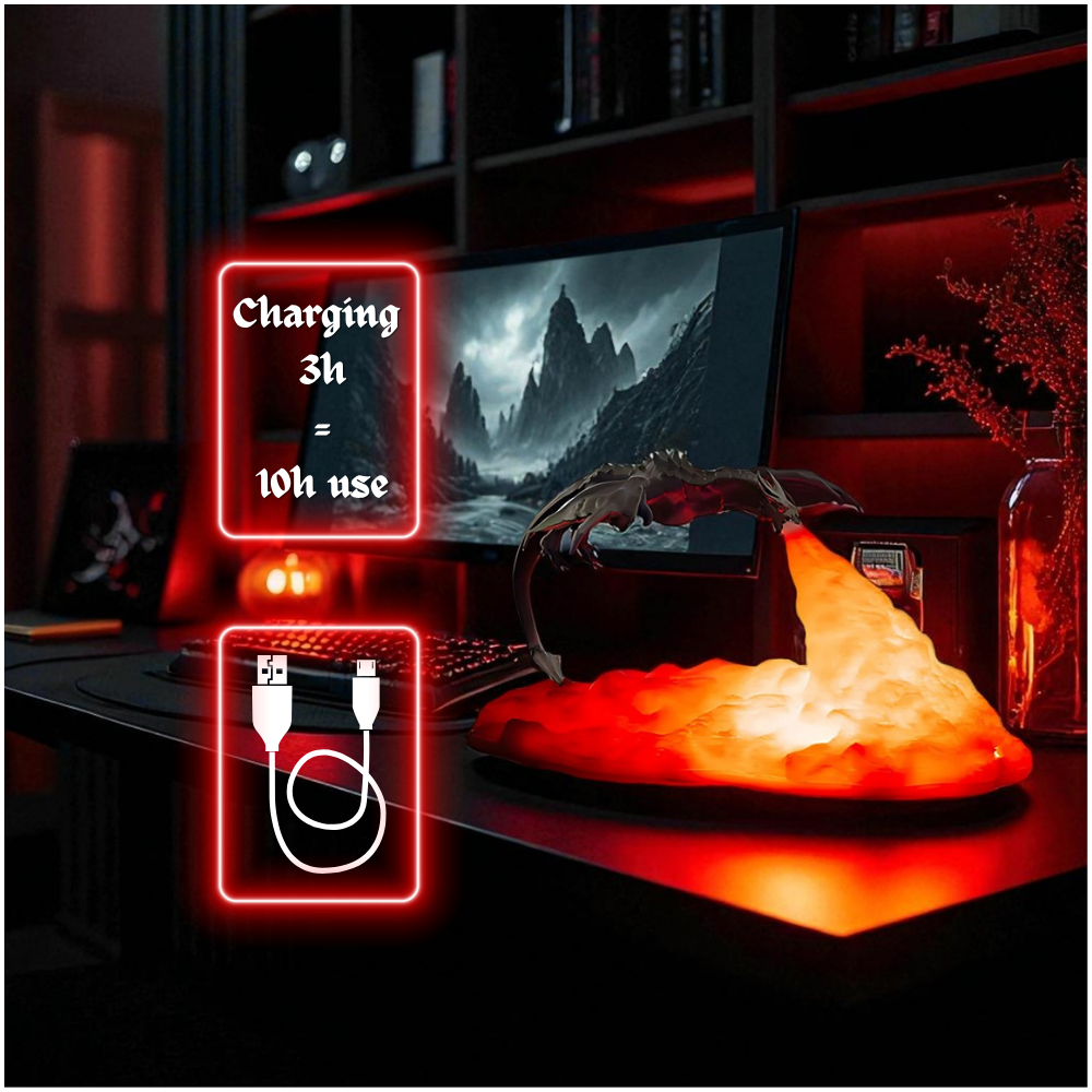 3D Fire Dragon Lamp, Rechargeable Night Light, Warm Red Color