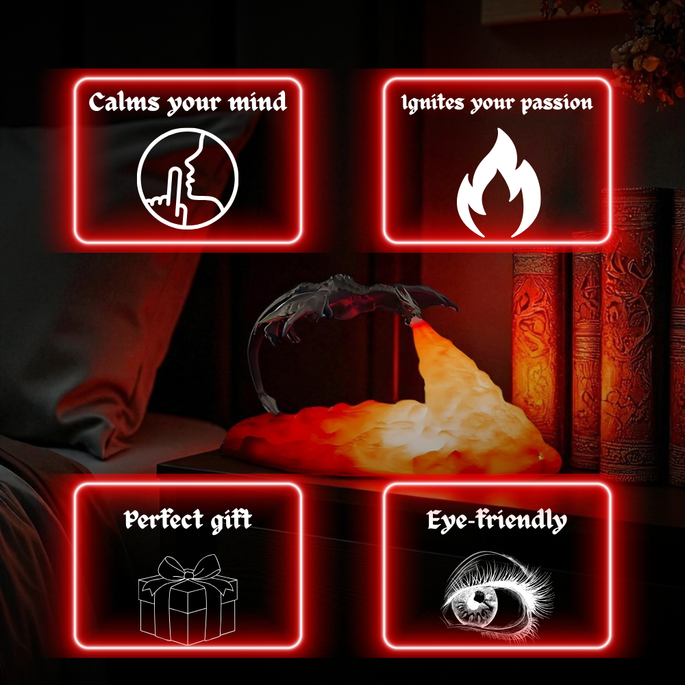 3D Fire Dragon Lamp, Rechargeable Night Light, Warm Red Color